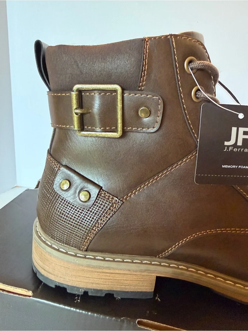 jf j.ferrar Men's Slate Brown Faux Leather Lace-Up Boots with Buckle